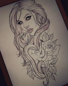 a drawing of a woman with snake and roses