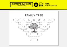 the family tree worksheet is shown in yellow and black with an image of a tree on it