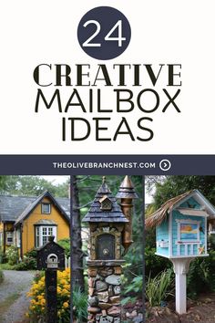 the cover of creative mailbox ideas, with pictures of houses and trees in it