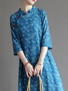 UOOZEE Spring Cotton Dress With Half Sleeves, Spring Cotton Half Sleeve Dress, Cotton Half Sleeve Spring Dress, Cotton Floral Print Shift Dress, Floral Print Cotton Shift Dress, Printed Blue Tunic For Spring, Floral Stand, Loose Summer Dress, Chinese Dresses