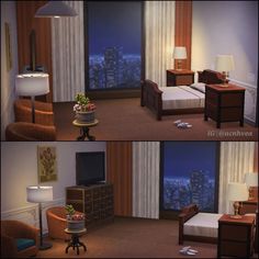 there are two pictures of a hotel room with the view of the city at night