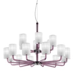 a purple chandelier with white lamps hanging from it's center and six lights on each side