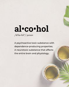 two cups of green tea on top of a white surface with the words alcohol above it