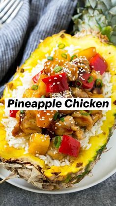 pineapple with chicken and rice on a plate