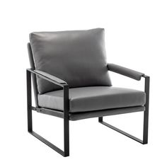 a gray leather chair with metal frame and arm rests against a white background, it appears to be empty