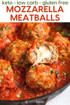 meatballs with tomato sauce and parsley in a skillet text reads keto low carb gluten free mozzarella meatballs