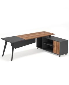 an office desk with a wooden top and two drawers on one side, next to a black cabinet