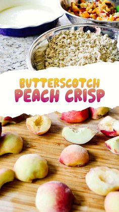 a wooden cutting board topped with apples and other fruits next to a bowl of oatmeal