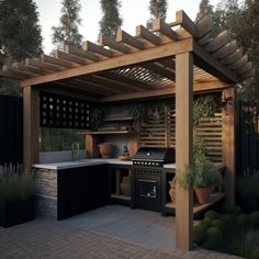 an outdoor kitchen and grill area is shown in this 3d image, with potted plants on either side