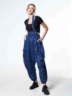 Blue Harem Pants, Poetry Night, Harem Pants Fashion, Overalls Blue, Art Sewing, Linen Overalls, Harem Jumpsuits, Jumpsuit With Pockets, Boho Jumpsuit