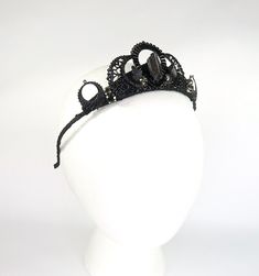 "To see these crowns live-in-action, check out @LoschyDesigns on Instagram as well as hashtag #LoschyCrowns Extends 2\" tall from metal headband base Brass filigree stampings are hand-sewn to crown base and painted black. Raw Black Tourmaline stones and Gray gemstones are attached with heavy-duty 2-part resin epoxy. Comfortable and flexible - great for all head sizes from children to adults. ---- Planning to dance all day and night? Bobby pins can easily be used for added securing --- Interested Handmade Adjustable Crown For Parties, Handmade Adjustable Crown For Party, Adjustable Tall Crown, Handmade Adjustable Crown, Handmade Adjustable Crown Headband, Elegant Handmade Crown For Parties, Adjustable Structured Crown Headpiece, Elegant Handmade Teardrop Crown Headpiece, Handmade Gothic Headpiece With Adjustable Fit