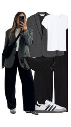 Casual Chic Sporty Outfit, Black Pants Airport Outfit, Date Night Outfit Ideas Casual, Administrator Outfits Work Attire, Business Flight Outfit, 13 Degree Weather Outfit, Adidas Samba Outfit Winter, Work Outfits With Leggings, Casual Work Outfit Plus Size