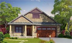 this is an artist's rendering of a house in the country style with two garages