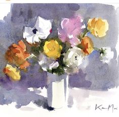 a watercolor painting of flowers in a white vase on a table with purple background