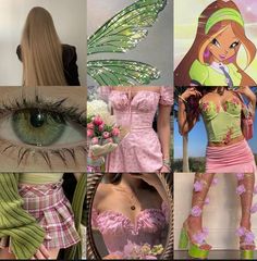 the collage shows many different pictures of women with green eyes and long hair, one in