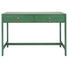 a green table with two drawers on top and one drawer open to show the bottom