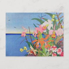 an image of flowers by the ocean with birds flying above it on a sunny day