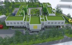 an artist's rendering of a building with green roofing and landscaping on top