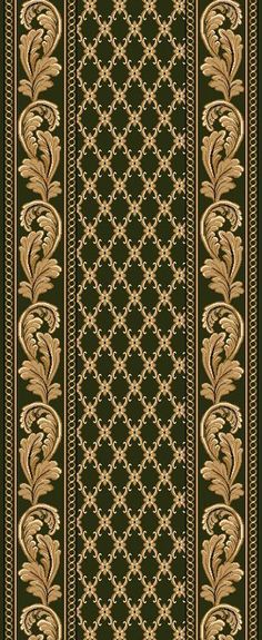 a green and gold striped rug with an ornate design on the bottom, in front of a