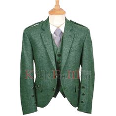 Mens Lovat Green Jacket with Vest for Men | Scottish Argyle Kilt Jacket for Men | Available in All Sizes comes in Lovat Green color and made of Wool has its own grace to wear. This Party Wearing Kilt Jacket comes with 5 Button Vest and perfects suited for men's and boys. It featuring thistle insignia on all buttons. It is fully lined with satin and comes with on chest pocket, two internal, two externals and two vest pockets. The vest is fully lined and has 5 Stag horn buttons. This classic jacke Green Vest Men, Luxury Green Men's Vest, Mens Green Vest, Luxury Green Men's Utility Jacket, Khaki Military Vest With Pockets, Kilt Jackets, Kilt Skirt, Wedding Jacket, Classic Jacket