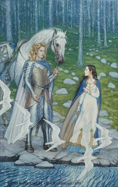 a painting of a man and woman standing next to a white horse in the woods