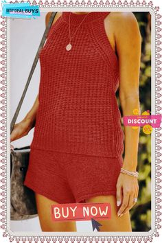 Round Neck Knit Sleeveless Two Pieces Sets Casual Sleeveless Sweater Vest For Vacation, Sleeveless Knit Top For Vacation, Sleeveless Knit Vest For Vacation, Red Knit Sleeveless Sweater Vest, Red Sleeveless Knit Sweater Vest, Casual Knit Vest For Vacation, Casual Sleeveless Sweater Vest For Loungewear, Sleeveless Solid Knit Top For Summer, Sleeveless Knit Top For Fall Loungewear