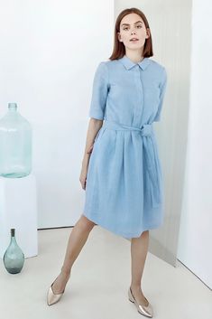 Get ready for work while feeling comfortable with this awesome ​Linen Shirt Dress with Pockets. Perfect as this is a great way to look fashionable while still remaining ​office apparel,​ work dress​ ​ladies shirt dress​ professional. This medium weight linen. Not only is this ​handmade dress​ stylish, but it’s also very high quality. Cotton Collared Shift Dress, Summer Knee-length Dress With Placket, Spring Light Blue Collared Dress, Light Blue Relaxed Fit Dress For Daywear, Light Blue Collared Cotton Dress, Blue Knee-length Shirt Dress With Placket, Light Blue Knee-length Midi Dress For Daywear, Light Blue Shift Dress With Short Sleeves, Light Blue Half Sleeve Dresses