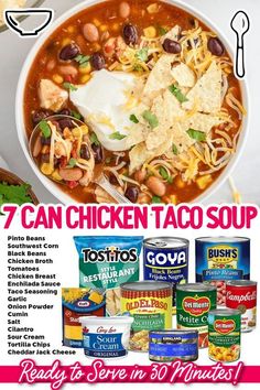 7 Can Chicken Taco Soup 7 Can Chicken Taco Soup, Fall Dinners, Can Chicken, Taco Soup Recipe, Homemade Soup Recipe, Chicken Taco Soup, Chicken Taco, Appetizers Recipes, Delicious Soup Recipes