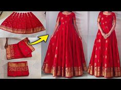 Anarkali dress cutting & stitching easily | | Convert saree into long gown/frock/dress | Saree reuse - YouTube Long Anarkali Kurti Designs Latest, Anarkali With Saree Material, Long Dress With Saree Material, Dress Stitching Ideas With Saree, How To Stitch Long Frock With Saree, Long Dress With Saree, Anarkali Designs From Saree, Saree To Frock Models, Saree Dress Stitching Ideas