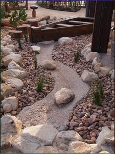 a garden with rocks and plants in it