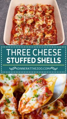 three cheese stuffed shells in a casserole dish with text overlay that reads, three cheese stuffed shells