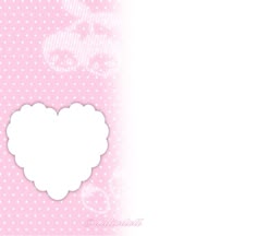 a pink polka dot background with a white heart shaped frame on the left hand side