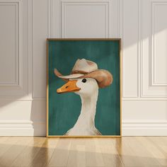 a painting of a duck wearing a cowboy hat on a green background with wood flooring