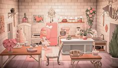 an animated kitchen with pink appliances and decor