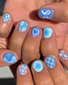 Noelle Fuyu Nails on Instagram: "I love short nails! Like they are so cute I can’t explain. Long nails are cute too but i like how short nails look so much 🥹Blue was definitely one of the most popular sets I’ve done this summer🥺🫶🏼 Also many people ask what topcoat I use and it’s non-wipe top gel from @kokoistusa ! 青って可愛いよね。うん。本当に可愛い。牛柄の蝶々も可愛い。もはや全部可愛い。ショートネイル可愛い。" Cute Nail Designs For Very Short Nails, Short Nail Designs Pastel Colors, Cute Painted Nails Short, Super Short Cute Nails, Nail Inspired For Short Nails, Cute Girl Nails For Kids, Extremely Short Nail Designs, Cute Extra Short Nails, Nail Designs For Little Kids