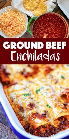 ground beef enchiladas in a casserole dish with cheese on top