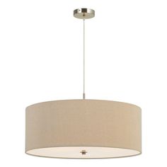 a light fixture with a beige drum shade