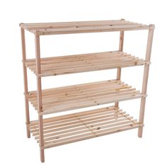 a wooden shelf with three shelves on each side