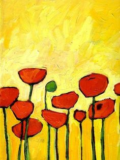 a painting of red flowers on a yellow background