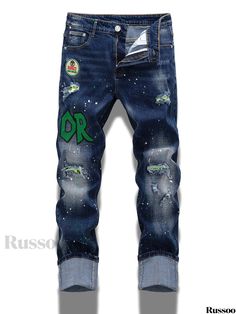 Russoo - Stylish Mens Denim Jeans with Letter Pattern and Distressed Finish: Fashionable Streetwear for Spring and Autumn Season Cowboy Costumes, Mens Denim Jeans, Cowboy Costume, Denim Jeans Men, Distressed Denim Jeans, Autumn Season, Letter Patterns, Spring And Autumn, Mens Denim