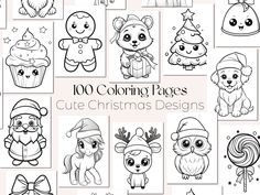 christmas coloring pages for children with cute animals and other holiday themed items in black and white