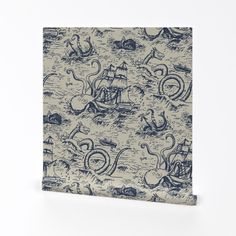 a blue and white wallpaper with an image of animals on it