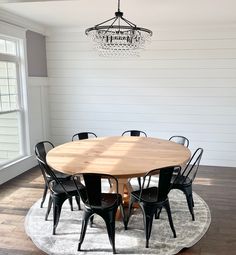 Pictured is a 72 W Rustic Alder table is a Natural Finish. Pictured is 8 Metal Chairs is a Black Finish. Round Dining Table Modern Farmhouse, Williamstown Kentucky, Small Breakfast Nook, Circle Dining Table, Small Breakfast, Wild Wonder, Pretty Homes, Real Wood Furniture, Bar Tops