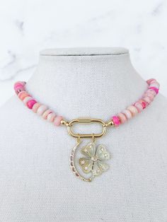 Necklace Carabiner, Electroplated Jewelry, Pink Opal Jewelry, Pink Stone Necklace, Four Leaf Clover Charm, Necklace Measurements, Custom Charm Necklaces, Hand Knotted Necklace, Knotted Necklace