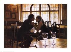 a painting of two people sitting at a table with wine glasses on the table in front of them