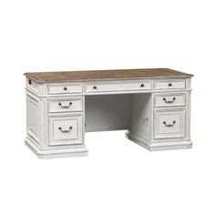 an antique white desk with two drawers and a wooden top, against a white background