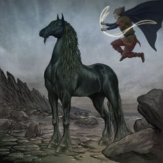 a black horse standing on top of a rocky beach next to a man with a cape