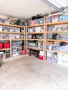 a garage filled with lots of storage containers