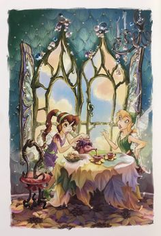 the princess and the frog are having tea together in front of a stained glass window