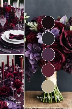 the table is set with purple and red flowers, silverware, candles, and wine glasses